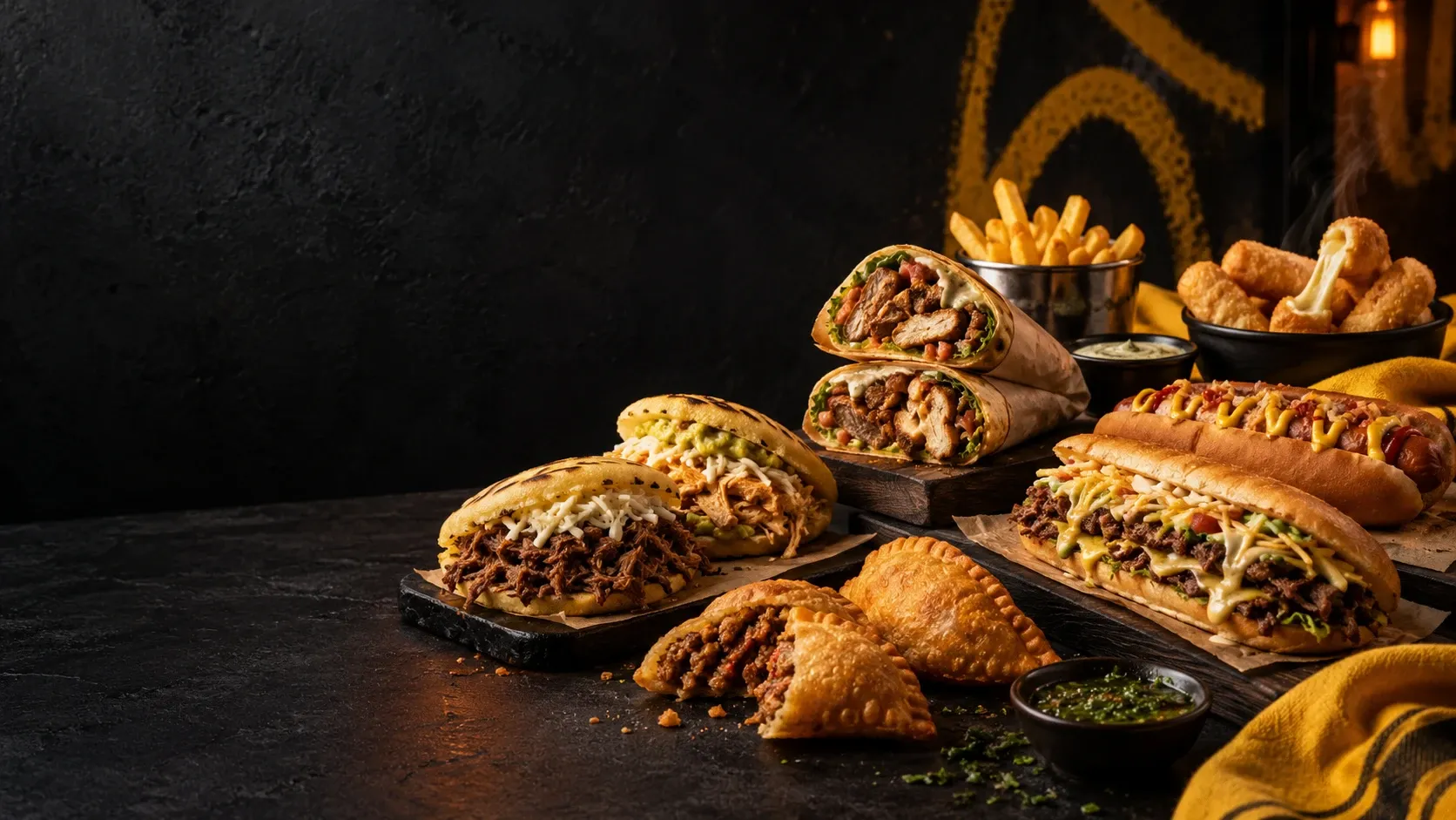 Arepas, empanadas, wraps y perros calientes de Urban Chip servidos sobre una mesa oscura